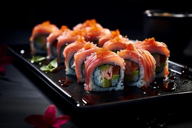 Des rouleaux de sushi sur une assiette noire