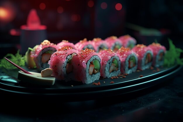 Photo des rouleaux de sushi sur une assiette noire