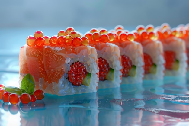 Les rouleaux de sushi au caviar rouge, le sushi au Caviar traditionnel japonais, l'espace de copie