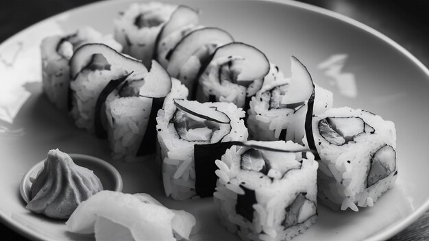 Des rouleaux de sushi au concombre servis avec du wasabi et du gingembre