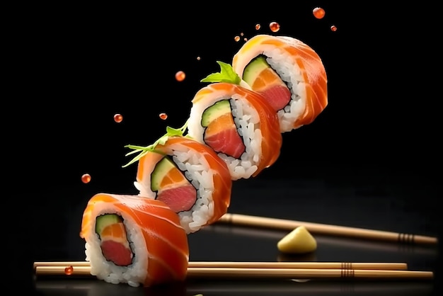 Rouleaux de sushi avec un bâton jaune en arrière-plan