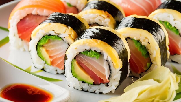 Photo des rouleaux de sushi chauds avec de la sauce et du gingembre.