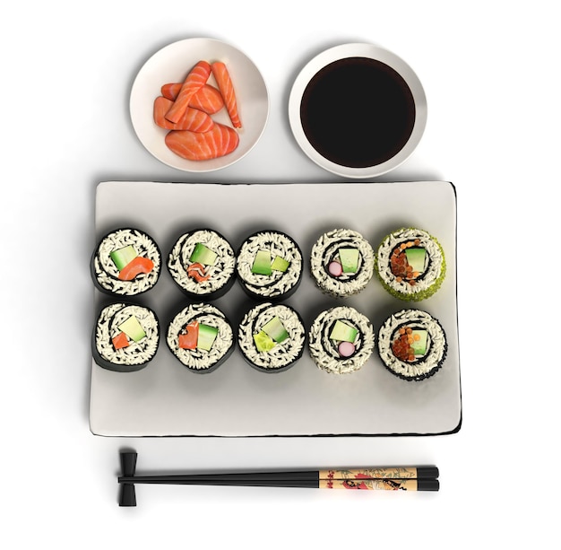 Rouleaux de sushi de cuisine japonaise en ligne rendu 3d sur blanc