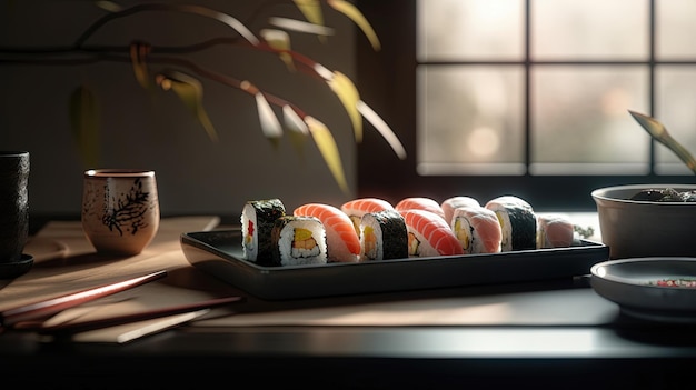 Rouleaux de sushi dans un cadre chaleureux et invitant isolé sur un fond confortable Ai généré