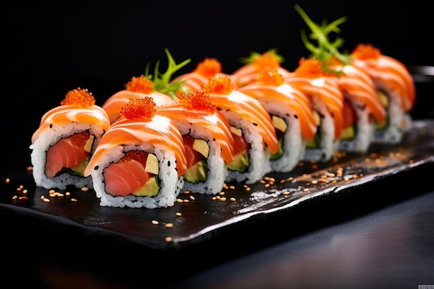 Des rouleaux de sushi délicieux sur une table noire, nourriture japonaise.