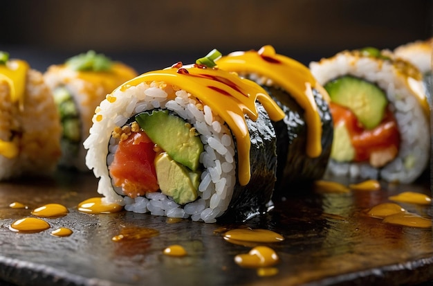 Des rouleaux de sushi avec du Mango Coulis Drizzle