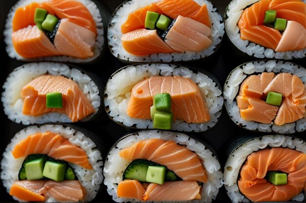 Des rouleaux de sushi avec du saumon torréfié