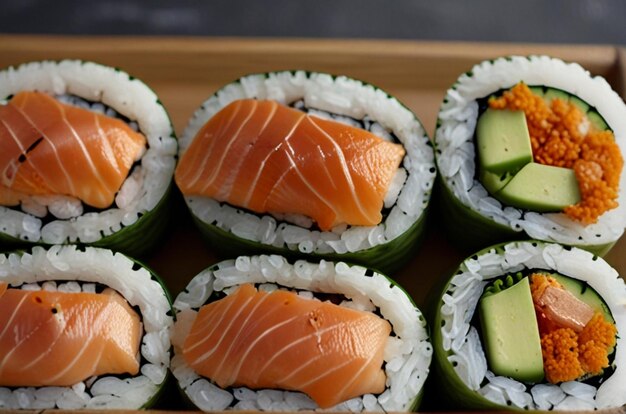 Des rouleaux de sushi avec du saumon torréfié