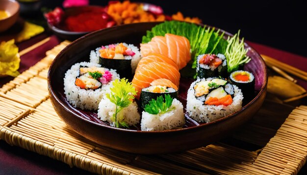 Des rouleaux de sushi avec du wasabi et de la sauce soja sur une assiette.