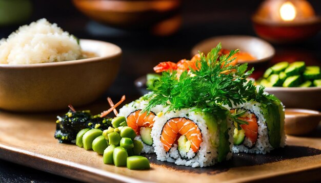 Des rouleaux de sushi avec du wasabi et de la sauce soja sur une assiette.