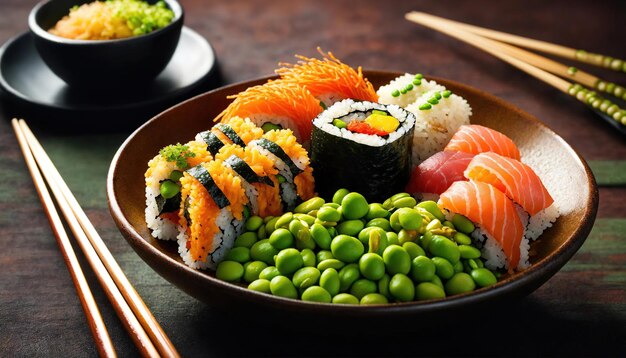 Photo des rouleaux de sushi avec du wasabi et de la sauce soja sur une assiette.