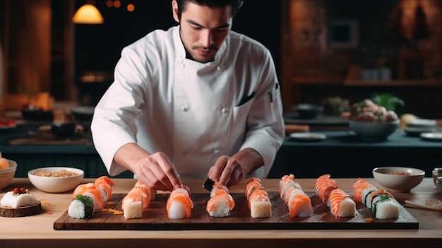 rouleaux de sushi entre les mains d'un chef Generative AI