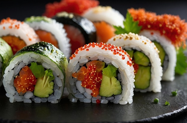 Des rouleaux de sushi avec des feuilles de shiso et du tobiko