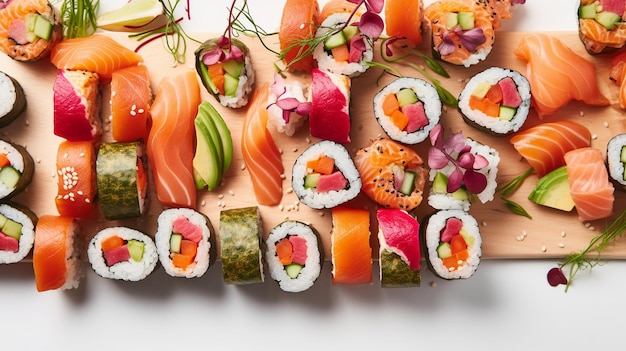 Rouleaux de sushi frais avec divers ingrédients isolés