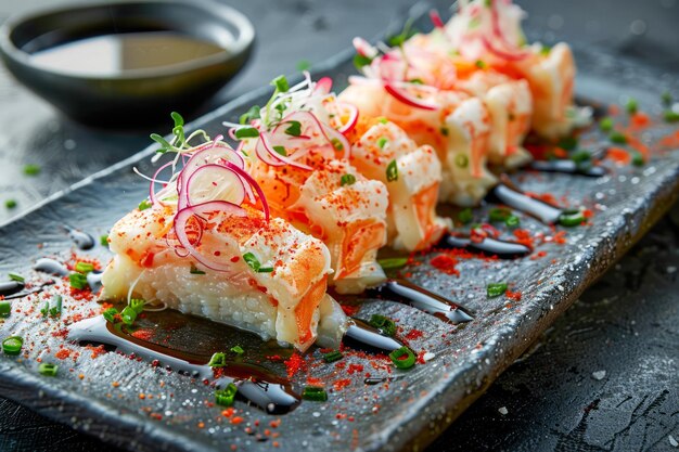 Photo des rouleaux de sushi gourmet garnis de microgreens rouges tobiko et de sauce sur une assiette d'ardoise foncée