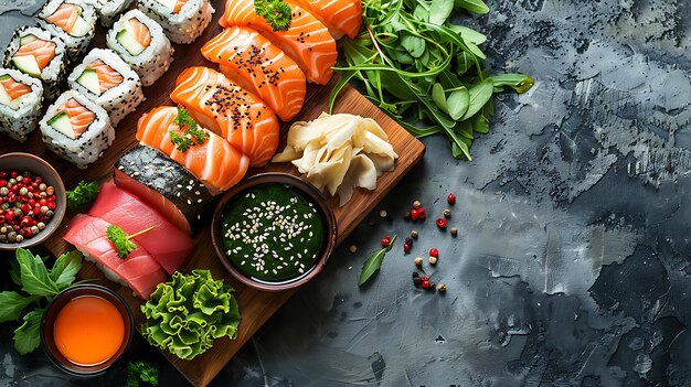 Photo rouleaux de sushi avec des graines de sésame et des graines d'épice sur une planche de bois