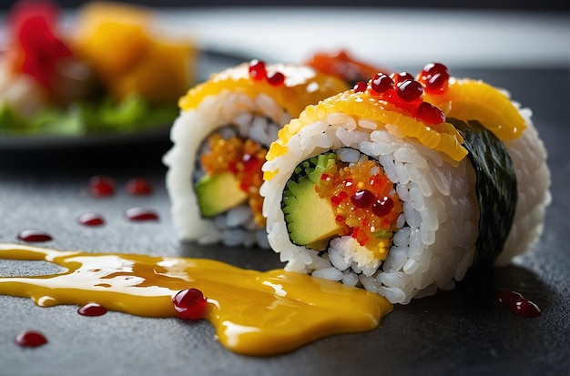 Des rouleaux de sushi avec Mango Coulis et Tobiko