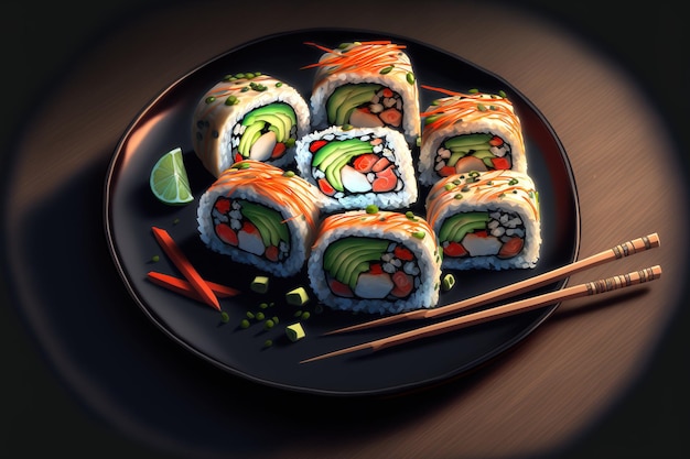 Rouleaux de sushi avec mayonnaise servis avec goberge ebi et concombre