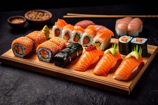 Rouleaux de sushi sur planche de bois