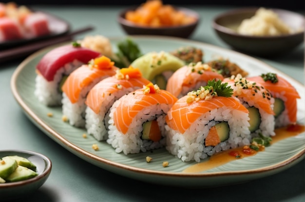 Des rouleaux de sushi sur une plaque de sushi en porcelaine élégante