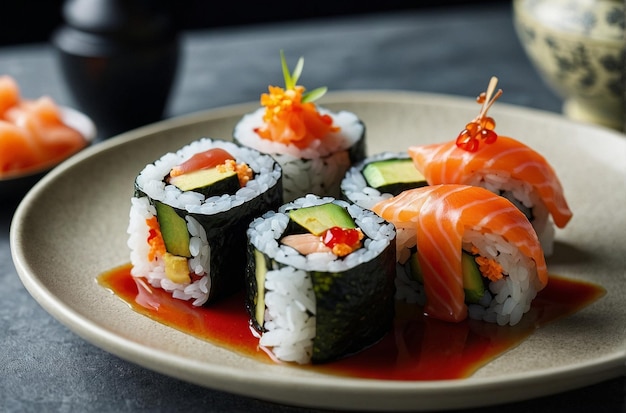 Des rouleaux de sushi sur des plats élégants et contemporains