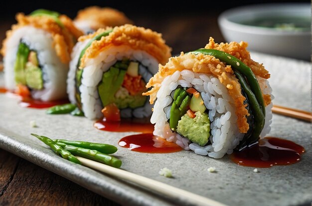 Des rouleaux de sushi remplis de haricots verts Tempura