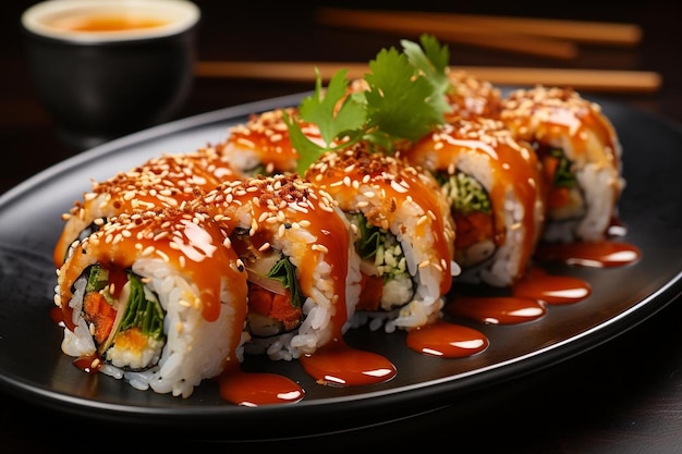 Photo des rouleaux de sushi avec de la sauce tamari