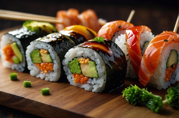 Des rouleaux de sushi servis avec des brochettes grillées à la japonaise