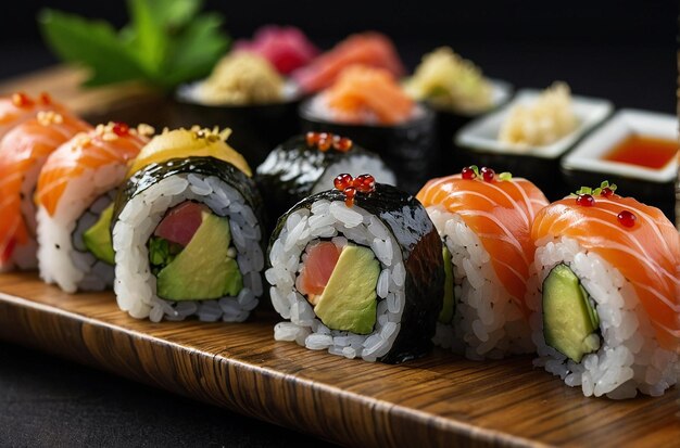 Des rouleaux de sushi servis avec du saké japonais