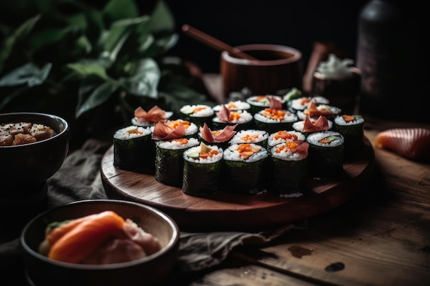 Rouleaux de sushi servis sur un plateau japonais traditionnel généré par l'IA