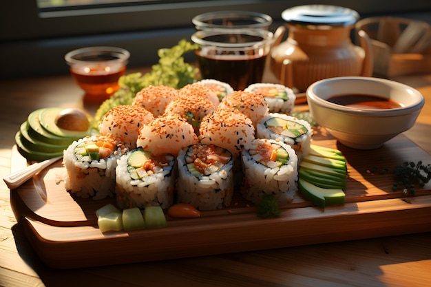 Des rouleaux de sushi succulents garnis de sésame sur une assiette en bois invitent à goûter à la cuisine japonaise