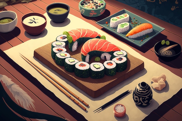 Rouleaux de sushi et sushis au poisson sur fond ed