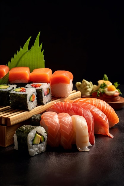 Rouleaux de sushi sur une table en bois générés par l'IA