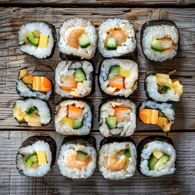 Photo des rouleaux de sushi uramaki avec des crevettes, de l'anguille, du saumon et du concombre à l'extérieur sur un fond en bois naturel