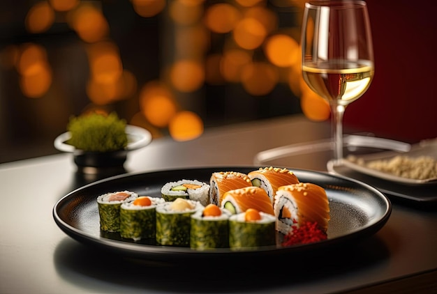 Rouleaux de sushi et un verre de vin mousseux blanc