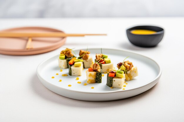 Des rouleaux de sushis végétaliens avec du tofu et de l'avocat sur une assiette minimaliste