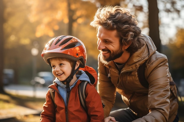 Rouler ensemble Père instruisant son fils à faire du vélo Ai générative