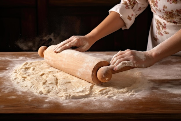 Rouler la pâte avec un rouleau à pâtisserie en bois sur une surface farinée