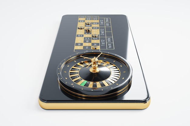 Roulette américaine sur écran de smartphone, casino en ligne. Le concept d'applications de jeu, de jeux sur Internet, de divertissement en ligne. Illustration 3D, rendu 3D. Copiez l'espace.