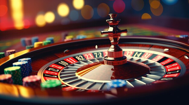 Photo la roulette au casino et les jetons de poker de près