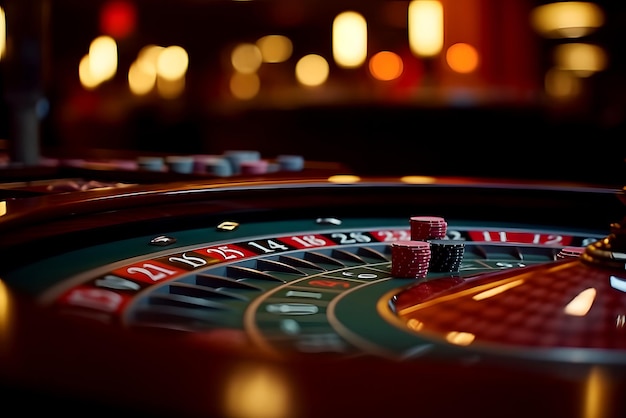 Roulette dans un casino avec des jetons de jeu sur la table sur un fond flou en gros plan