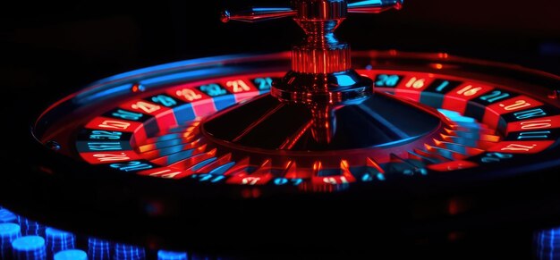 Roulette avec fond bleu et lumières casino photo Generative AI