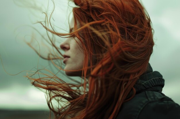 Photo une rousse aux cheveux soufflés par le vent.