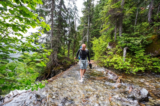 Routard dans une randonnée dans les montagnes d'été