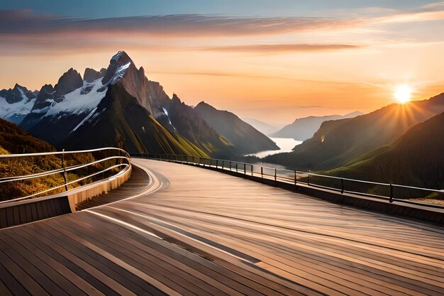 Une route allant vers les montagnes avec un coucher de soleil en arrière-plan