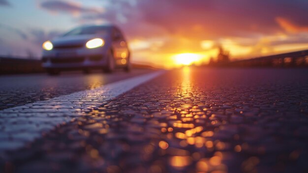 route d'asphalte au coucher du soleil avec voiture floue