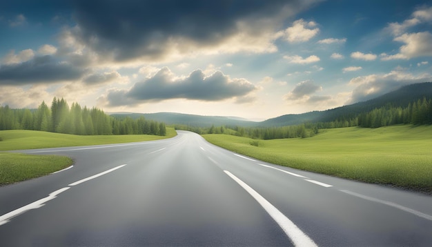 Une route d'asphalte vide et un ciel bleu avec des nuages blancs en arrière-plan