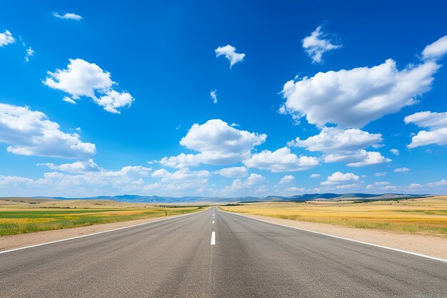 Une route d'asphalte vide sous un ciel bleu avec des nuages