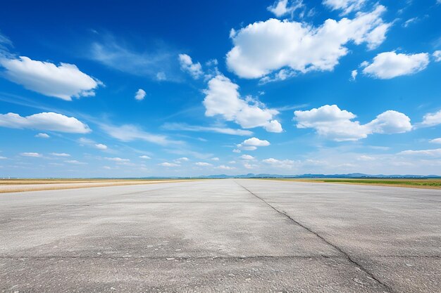 Une route d'asphalte vide sous un ciel bleu avec des nuages