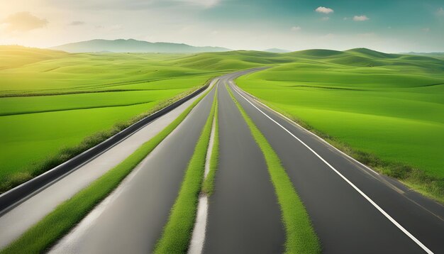 Route asphaltée et champs verts paysage naturel au printemps